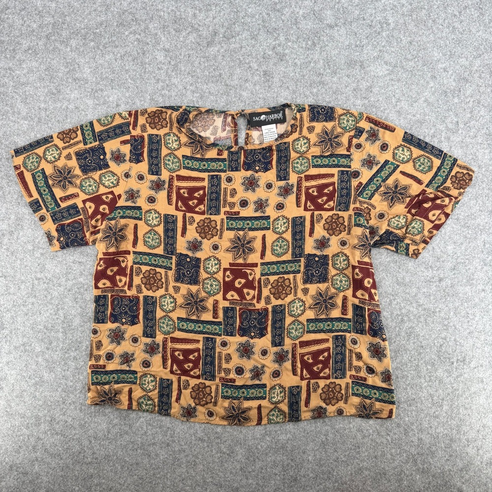 Vintage Tan Geometric Floral Mosaic Sag Harbor Top Womens Large Petite